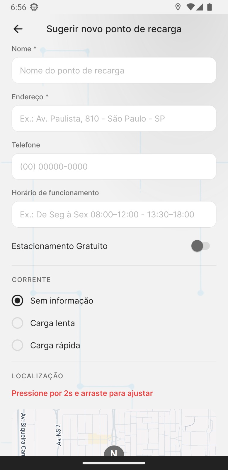 Tela do aplicativo NYO para sugerir um novo ponto de recarga